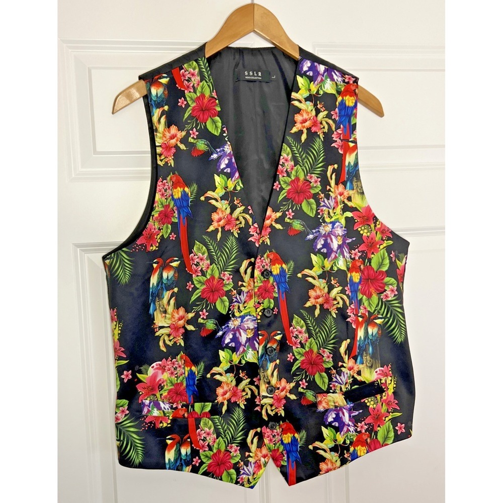SSLR Men's Flower Print Casual Hawaiian Suit Vest Waistcoat Size Large